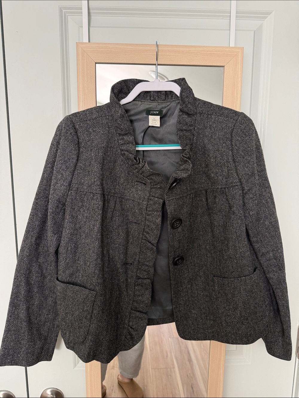 J. Crew Gray Herringbone Ruffle-Trim Blazer 100% Wool